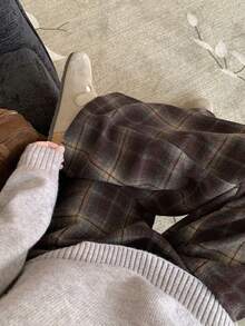 DAZY 女士休闲宽松拼色格子直筒裤，适合秋冬季、街头风格、新年、圣诞节 - 紅色 - 查看 5