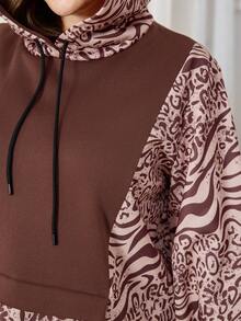 Lacomfia Plus Size Color Block Print Hooded Sweatshirt For Women - Coffee Brown - View 6