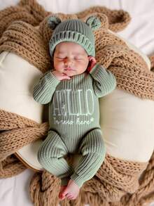 SHEIN 2Pcs Set "Hello World" Baby Arrival Announcement Outfit Knitted Newborn Boy Girl Jumpsuit With Bear Hat Newborn Photography Outfit Neutral Baby Clothes Shower Gift