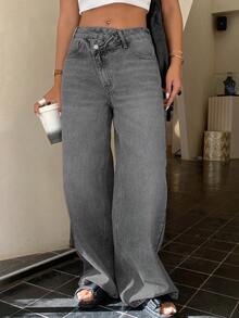 DAZY Jeans de cintura baja con diseño de línea recta para mujer, estilo Y2K - Gris - Ver 4