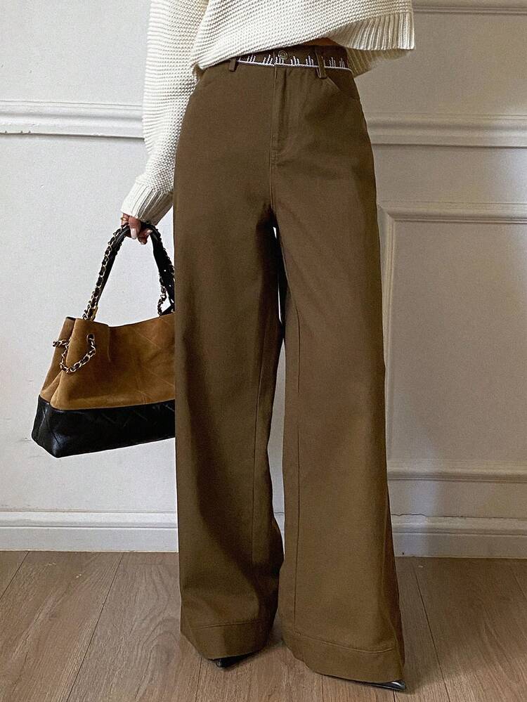 Vintage Embroidered Floral Trim Wide Leg Pants With Pockets, Casual Street Style For Women, Autumn/Winter