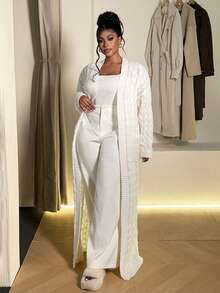 Maweii Áo len cardigan dài thiết kế túi màu trơn cỡ lớn cho nữ - Màu be - Xem 6