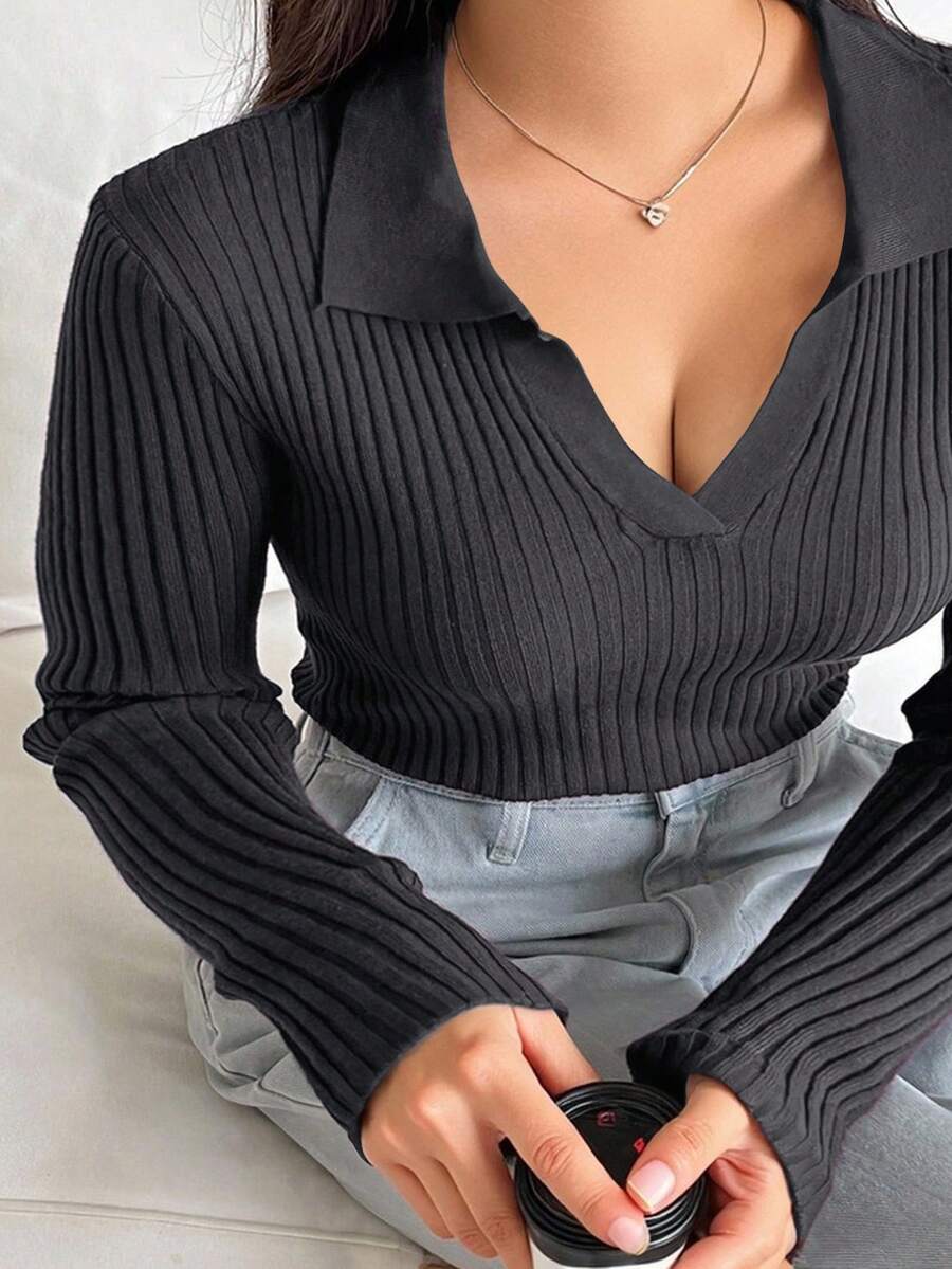 Dazy Plus Solid Color V-Neck Elastic Fitted Long Sleeve Burgundy Pullover Sweater - Brown - View 1