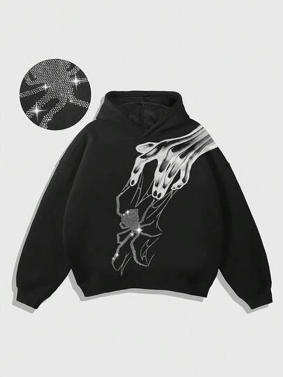 Men's Casual Everyday Diamond Rhinestone Spider Graphic Hoodie, Autumn