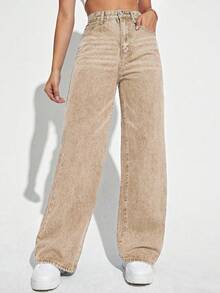 High Waist Wide Leg Jeans - Khaki - View 6