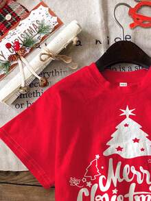 SHEIN Jeune fille Happikins Noël rouge, adorable sapin de Noël peint à la main avec lettres anglaises, décoration chaleureuse de famille et de fête, ambiance de Noël, édition limitée de Noël Cadeau, T-shirt à col rond manches courtes style décontracté minimaliste, convient pour toutes les saisons, maison, fête de Noël - Multicolore - Voir 4