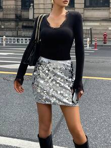DAZY Women's Sequin Allover Print Decorative Skirt, Elegant For Summer New Years Women Carnival - Silver - View 3