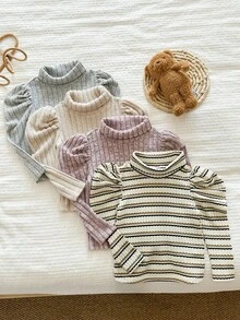 LMoss Kids LMoss 4件套女婴针织纯色条纹羊腿袖休闲上衣套装，长袖上衣，长袖，舒适秋冬款式
