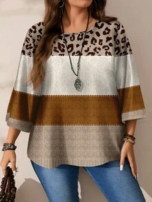 EMERY ROSE Camisa holgada de cuello redondo con estampado integral para mujer de talla grande, otoño/invierno - Caqui - Ver 3