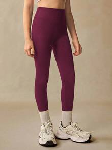 SHEIN Tween Girl High Waisted Ribbed Seamless Slim Leggings,Burgundy Red,Autumn,Athletic,Gym Sport Breathable 4-Way Stretch Legging For Yoga Running Cycling - Burgundy - View 7