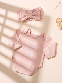 SHEIN 2Pcs Set Newborn Girl Photography Romper With Bow Headband "LITTLE Girl" Bowknot Embroidery Birth Announcement Outfit Baby Coming Home Outfit Shower Gift Fall Winter