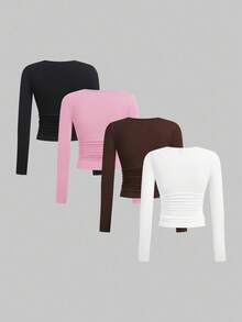 SHEIN EZwear 休闲百搭多色针织女式修身T恤多件装上衣纯色上衣女式长袖上衣紧身上衣，秋季，女士秋装长袖上衣 - 粉色 - 查看 2