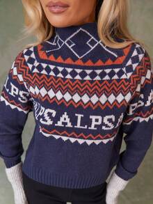 Athîral Women's Casual Geometric Letter Pattern Turtleneck Raglan Sleeve Loose Knit Sweater, Fair Isle Pattern, Festive Sweater, Pullover Sweater, Dark Blue, Suitable For Autumn And Winter And Christmas. - Multicolor - View 2