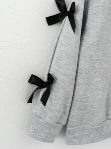 SHEIN 2 件套年轻女孩韩版休闲灰色运动衫，带蝴蝶结和喇叭裤套装，独特的秋冬装 - 灰色 - 查看 7