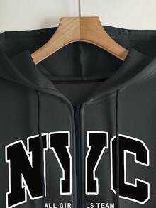 SHEIN 女士连帽拉链卫衣，字母图案，休闲外套，适合教师、返校、毕业、日常穿着、冬季外套，时尚百搭，女士连帽长袖卫衣