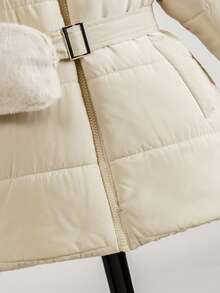 Elladie kids Young Girls Quilted Mid-Length Hooded Padded Coat With Waist Tie And Pocket, Suitable For Casual, Outdoor, Autumn/Winter Girls Long Winter Coat Winter Jacket Girls Girls Coats Winter - Khaki - View 4