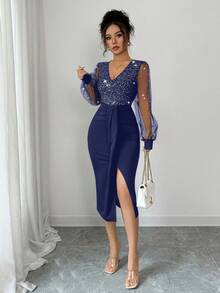 EMERY ROSE 女式亮片闪亮V领网眼拼接闪光派对连衣裙 - 藏蓝色 - 查看 4