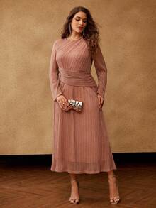 MOTF PREMIUM PLUS AUTUMN/WINTER PARTY/DATE PLEATED METALLIC MESH ROUND NECK LONG SLEEVE DRESS - Pink - View 4
