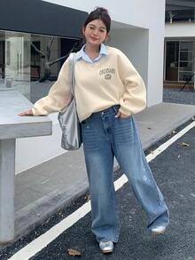 Dazy Plus Contrast Color Patchwork Shirt Collar Casual Letter Graphic Plus Size Sweatshirt For Women, Thermal Lined, Autumn/Winter - Apricot - View 3