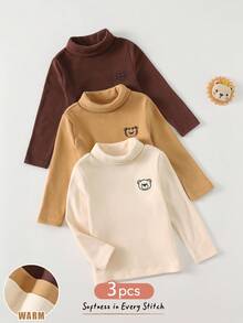 Cozy Pixies 3 pezzi Magliette per bambino con ricamo orsetto, adatte per inverno e autunno. 3 pezzi Magliette a girocollo in maglia morbida tinta unita per bambino, stile casual di base semplice e carino, adatte per autunno/inverno, uso interno/esterno, sci, quotidiano, sport, feste, servizi fotografici, vacanze, con fodera termica e imbottitura