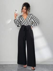 Elenzga 大码女士时尚休闲独特高端条纹拼接 3D 花卉印花长袖连体裤，适合秋季通勤和办公室穿着