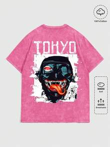 ROMWE MEN Anime Men's Cartoon Japan Style Letter & Acid-Washed Short Sleeve T-Shirt - Pink - View 1