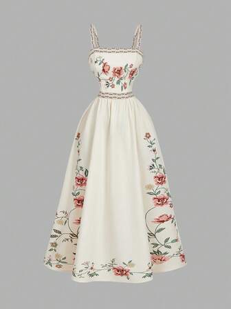 SHEIN MOD Women's Floral Print Sleeveless Dress, Boho Style And Flared Hem