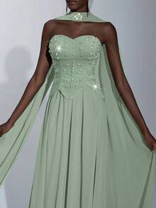 Elitara 优雅奢华手工水钻装饰露肩飘逸拼接弹性针织雪纺长裙，适合婚礼、活动、单身派对、度假、庆典、正式场合 - 薄荷綠 - 查看 4