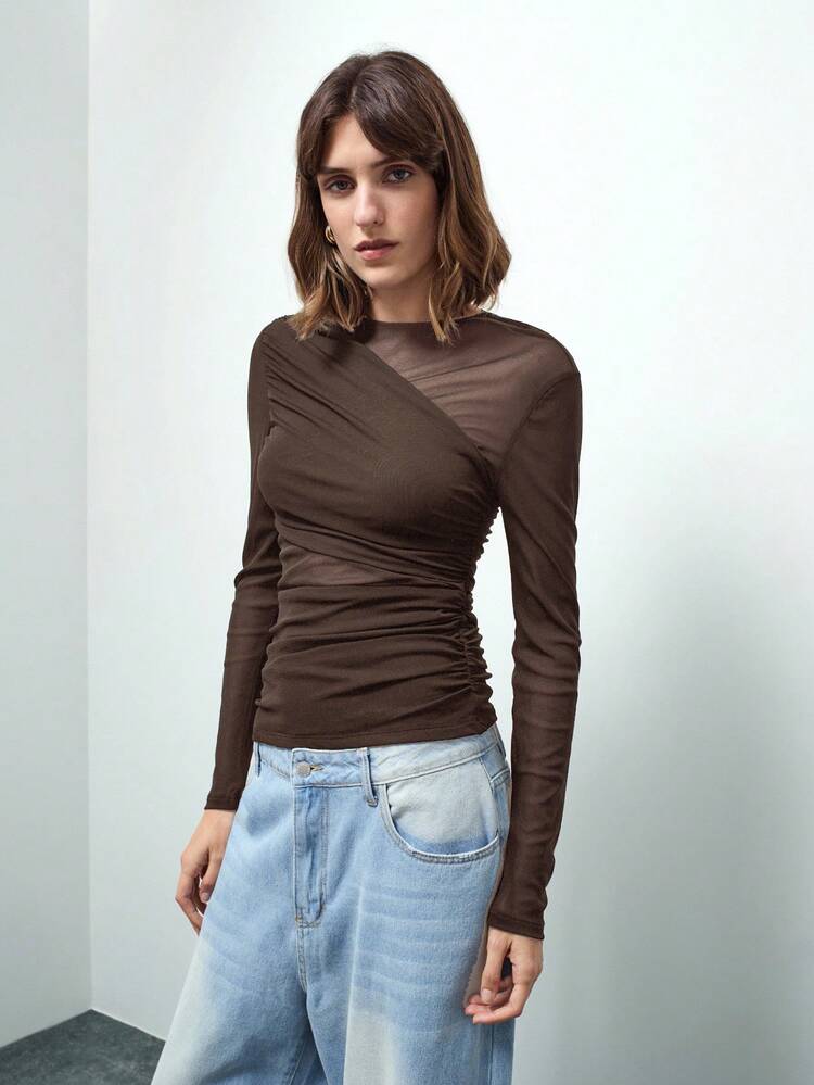 SHEIN Maija Women's Casual Asymmetric Ruched Fitted T-Shirt, Suitable For Urban Commute, Business Casual, Office Attire, Teacher, Wedding Guest, Elegant Basic Top