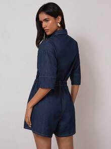 COSMINA Women's Elegant Mid-Sleeve Cinched Waist Denim Jumpsuit, Versatile For Commuting, Office, And Outings, All Season Denim Jumpsuit Women Women Denim Romper - Blue - View 2