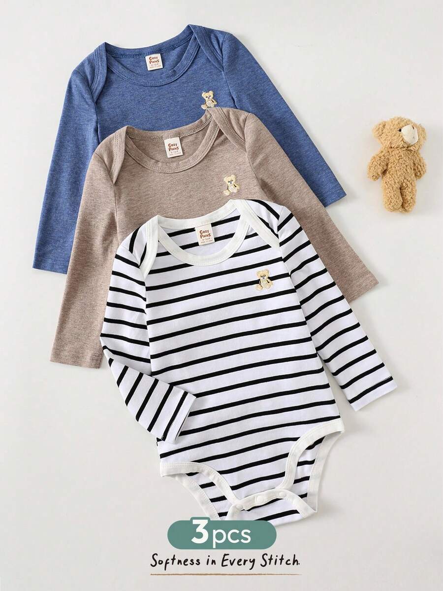 Cozy Pixies 3件套新生儿纯色舒适休闲百搭长袖连体衣，适合室内、室外、日常、运动、玩耍、派对、摄影、度假、节日、春夏秋冬四季穿着 - 小熊图案连体衣、卡其色连体衣、蓝色连体衣，秋季男婴服装长袖3件装，婴儿套装，婴儿服装长袖，新生儿男婴服装，中性婴儿服装 - 卡其色 - 查看 1