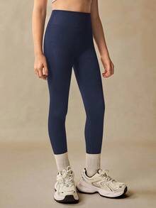 SHEIN سيملوكس سبورت سروال ضيق بخصر عالي مُحبك بدون غرز للبنات - لمسة سحابة ناعمة كالجلد الثاني، سريع الجفاف، قابل للتنفس، مطاطي من الأربع جهات، مناسب للركض والدراجة والبيكليبول والتمارين والاستخدام اليومي، باللون الأسود - أزرق بحري - مشاهدة 8