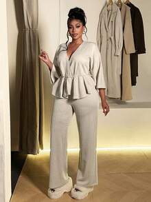 Maweii Plus Size Deep V-Neck Solid Color Ruffle Hem Long Sleeve Top And Pants Casual 2 Pieces Set - Khaki - View 4
