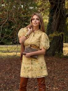 Round Neck Puff Sleeve Printed Front Open A-Line Hem Holiday Mini Dress - Yellow - View 8