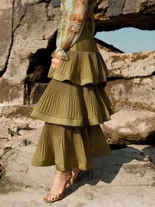 Anewsta Petite Anewsta Spring/Summer New Arrival Party & Vacation Multilayer Pleated Cake Hem Elegant Women Skirt - Army Green - View 5