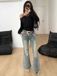 Coolane Women's Fall Streetwear Casual Going Out Minimalist Daily Wear Essentials Fashion Asymmetrical Neck Grey Fitted Sweatshirt - Black - View 3