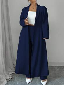 SHEIN Tall CURVE Bộ 2 món Elenzga cỡ lớn cho nữ, màu trơn, cổ cài nút, áo khoác dài và quần dài - Màu xanh hải quân - Xem 3