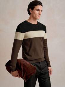 Manfinity Homme Men's Contrast Color Round Neck Long Sleeve Casual Sweater For Autumn/Winter Pullover Sweater, Men Knit Sweater, Men Color Block Sweater, Men's Sweater