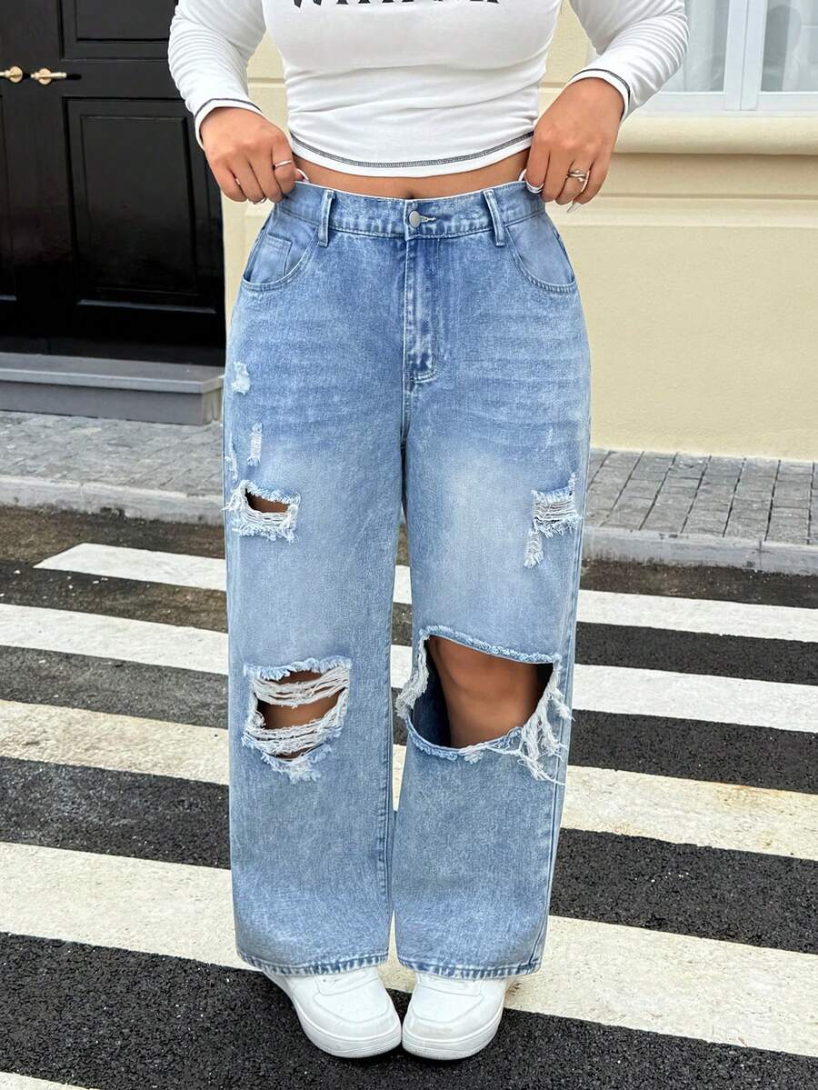 EMERY ROSE Plus Size Women Vacation Style Distressed Straight Leg Jeans - Light Wash - View 1