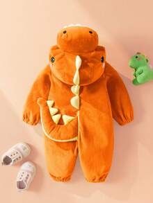 SHEIN 新生儿可爱趣味水晶毛绒3D恐龙造型连体衣，长袖和长裤 - 橘色 - 查看 5