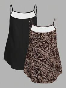 SHEIN EZwear 两件套加大码纯色和豹纹吊带背心，基础款，适合夏季旅行和度假，也适合外出、返校和假期穿着。 - 彩色 - 查看 2