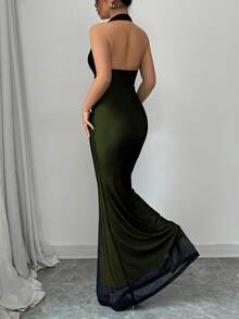 Rafferiza 优雅修身鱼尾下摆 V 领腰部褶皱针织网眼玫瑰红色衬里长款连衣裙，适合女士，秋冬 - 軍綠色 - 查看 2