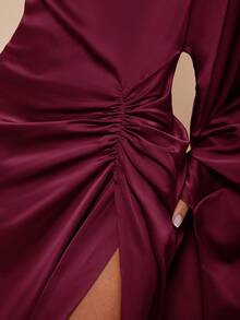 COSMINA 女士优雅派对纯色高开衩连衣裙 - 酒紅色 - 查看 7
