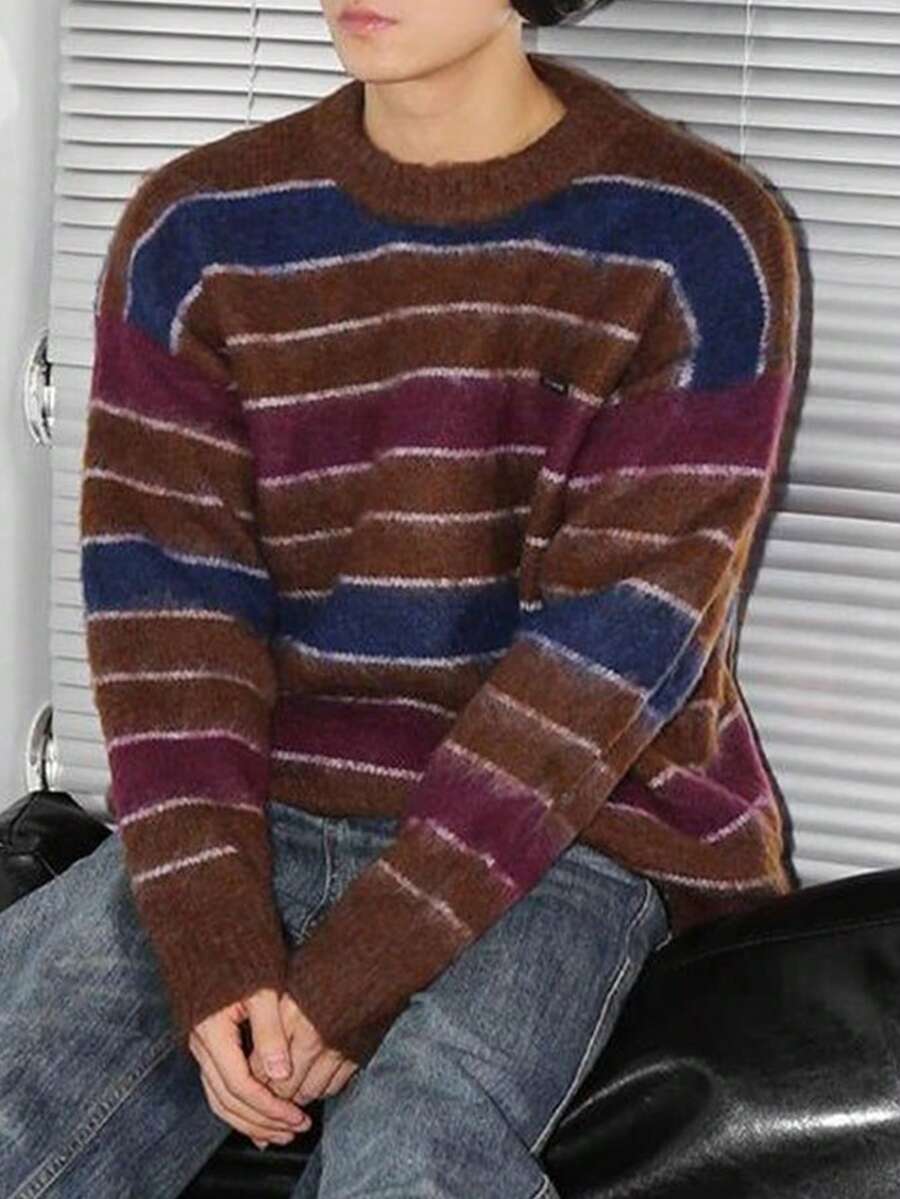 Manfinity Hypemode Men's Casual Colorblock Striped Sweater, Autumn/Winter - Coffee Brown - View 1