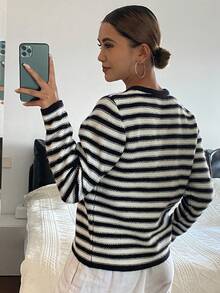 Livesso Women's Elegant Contrast Color Striped Pattern 3D Floral Decor Loose Cardigan, Autumn/Winter - Black and White - View 2