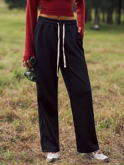 Medorelle Winter Leisure Women's Elastic Waist Loose Fit Pockets Sports Pants, Black,Activewear