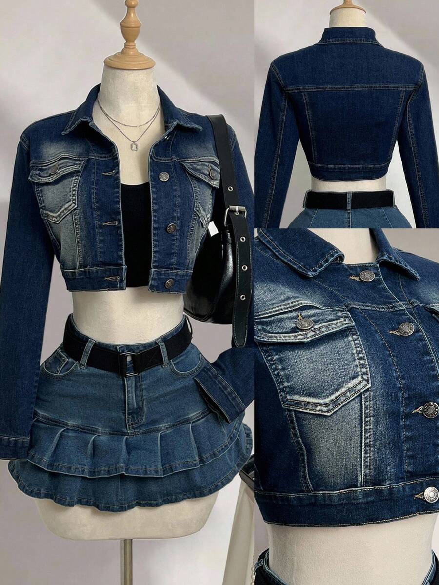 Elamini Women's Casual Fashion Street Snap Flap Pocket Cropped Denim Jacket, Spring/Autumn - Blue - View 1