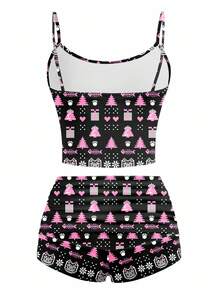 Y2Kool Vecteezy 黑色和粉色撞色猫爪、圣诞树、雪花、爱心图案Y2K像素蕾丝拼接吊带背心和短裤两件套，休闲女士家居服，适合秋冬季、假日、圣诞节和日常穿着。 - 彩色 - 查看 3