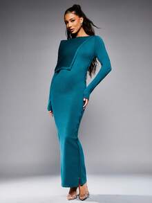 NYA SZN 连衣裙不对称长袖连帽衫合身纽扣特殊场合活动生日夜晚外出伊比沙岛酷女孩假日万圣节超长罗纹针织衫蓝色青色秋冬女士服装 - 墨綠色 - 查看 4