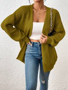 EMERY ROSE Áo khoác cardigan dệt kim hở gân màu trơn đơn giản thường ngày cho nữ, Thu/Đông - Màu Mù tạt vàng - Xem 7